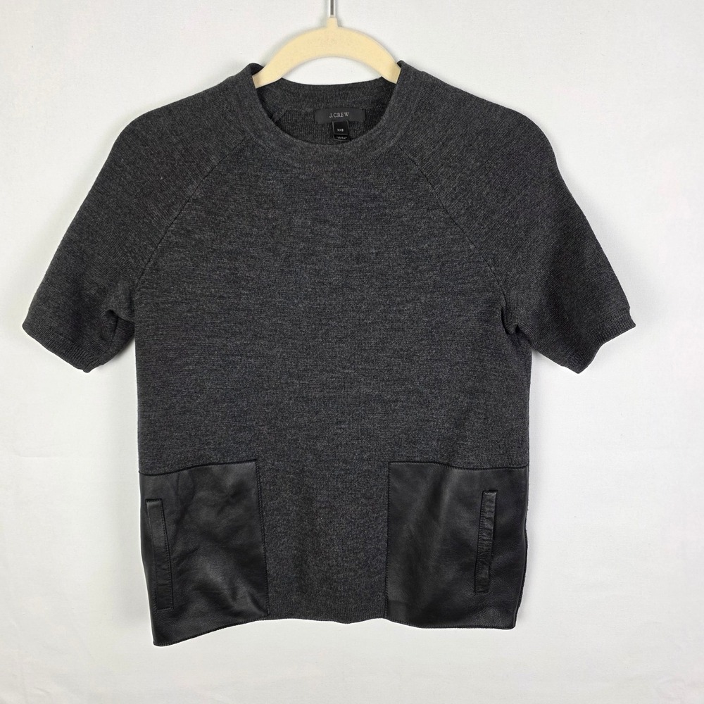 J.Crew Womens XXS Charcoal Gray Merino Wool Short Sleeve Leather Pocket Sweater